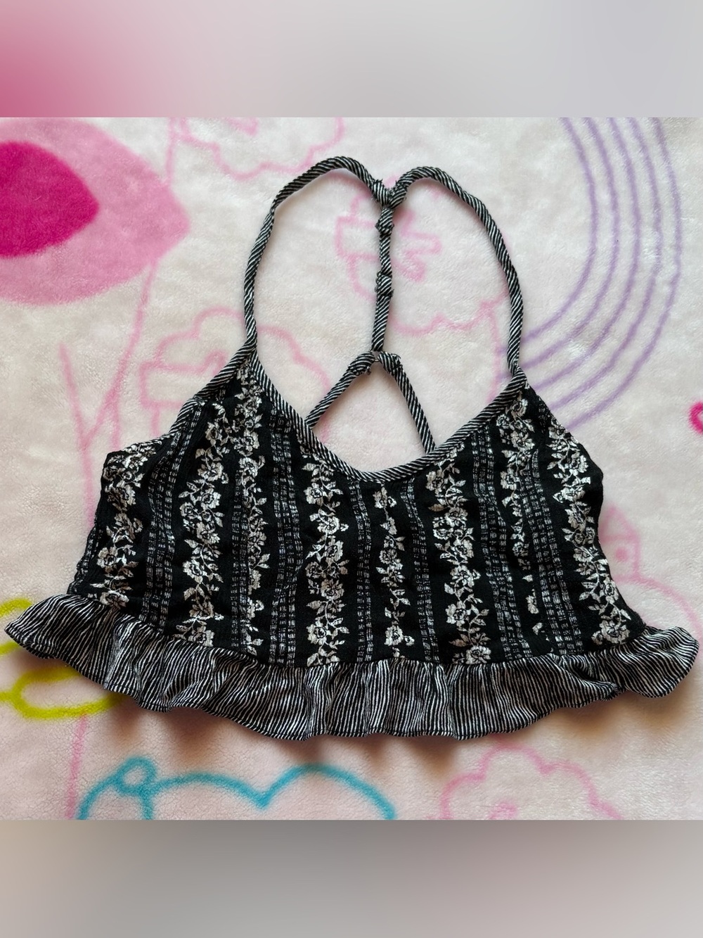 Forever 21 black & white floral halter crop top with ruffles